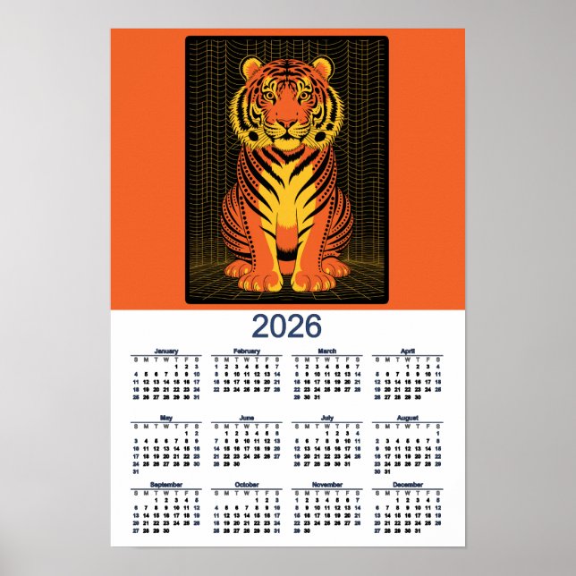 Poster Tiger Calendar Dramatic Orange  Black Tiger 2026 (Frente)