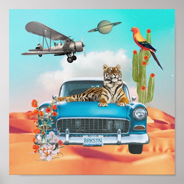 Poster Tiger Retro Car Desert Cactus Surreal Collage Canv (Frente)
