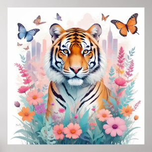 Poster Tiger Vintage Animal Nature Forest Flowers