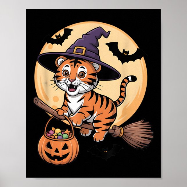 Poster Tiger Witch Hat Pumpkin Halloween Homens Mulher (Frente)