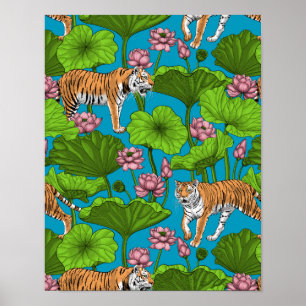 Poster Tigers in the pink lotus pond