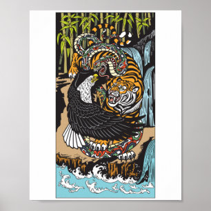 Poster Tigre, Águia e Cobra lutando. Arte gráfica
