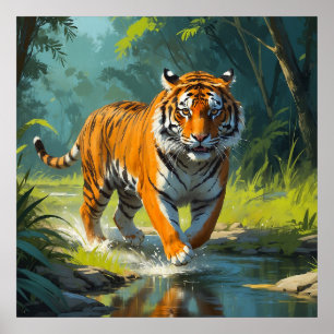Poster Tigre atordoante correndo na pintura da selva