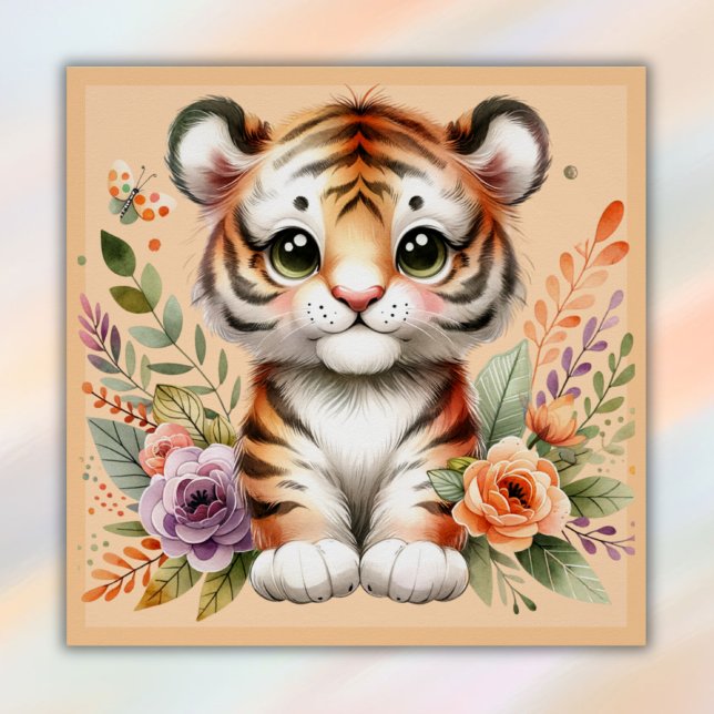 Póster Tigre bonito com flores para crianças | (Criador carregado)