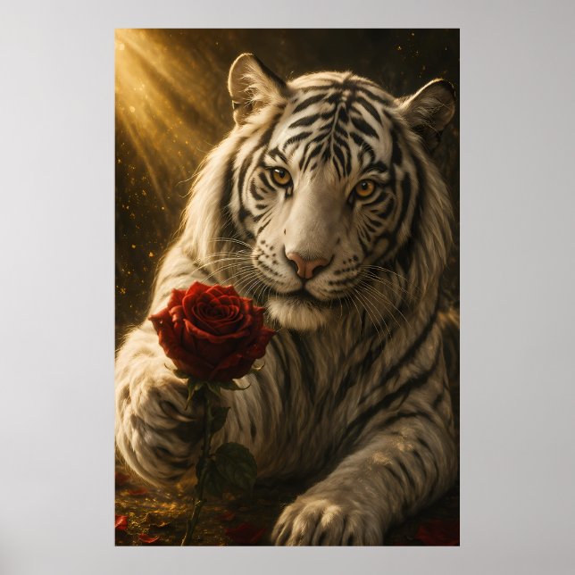 Poster Tigre Branco com Rosa Vermelha sob Luz da Lua – Ro (Frente)