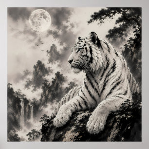 Poster Tigre Branco Descansando no Penhasco Tinta Tradi