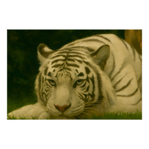 Póster Tigre Branco Descendo em Woodland Shade