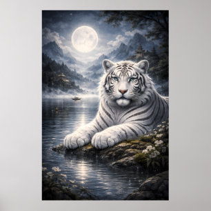 Poster Tigre Branco na Paisagem Montanhosa do Lago ao Lua