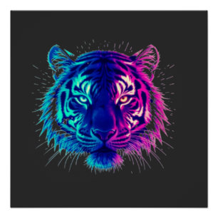 Póster Tigre Branco Neon – Arte de Vida Selvagem Cyberpun