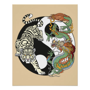 Póster Tigre branco versus dragão verde no yin yang