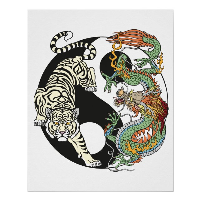 Póster Tigre branco versus dragão verde no yin yang p (Frente)