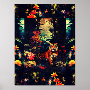 Poster Tigre Colorido Exótico Na Coluna De Arte Florestal