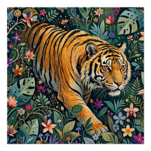 Póster Tigre com Olhos Âmbar Folhagem da Selva Fantasia