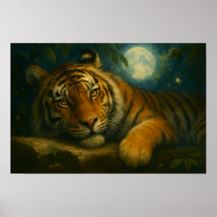 Poster Tigre de Aquarela Descansado na Floresta Noturna
