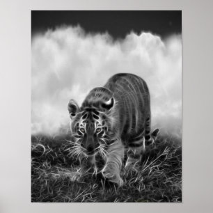 Póster Tigre de bebê que desengaça em preto e branco