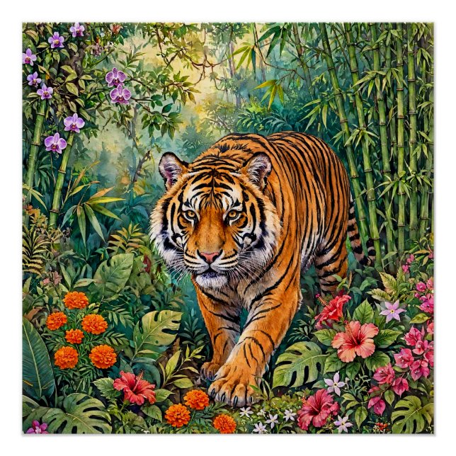 Póster Tigre de Bengala Vibrante Selva de Bambu (Frente)