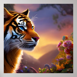 Poster Tigre de olhos azuis e flores cor-de-rosa