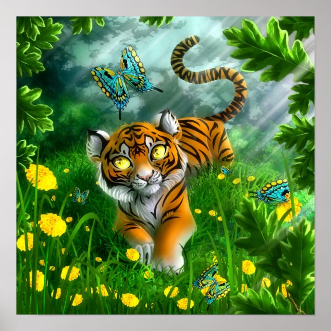 Poster Tigre e borboletas (Frente)
