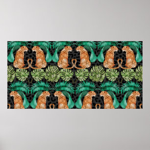 Poster Tigre e Folhas em Padrão Sem Costura
