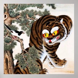 Poster Tigre e Pega Minhwa sob a Árvore de Pinheiro
