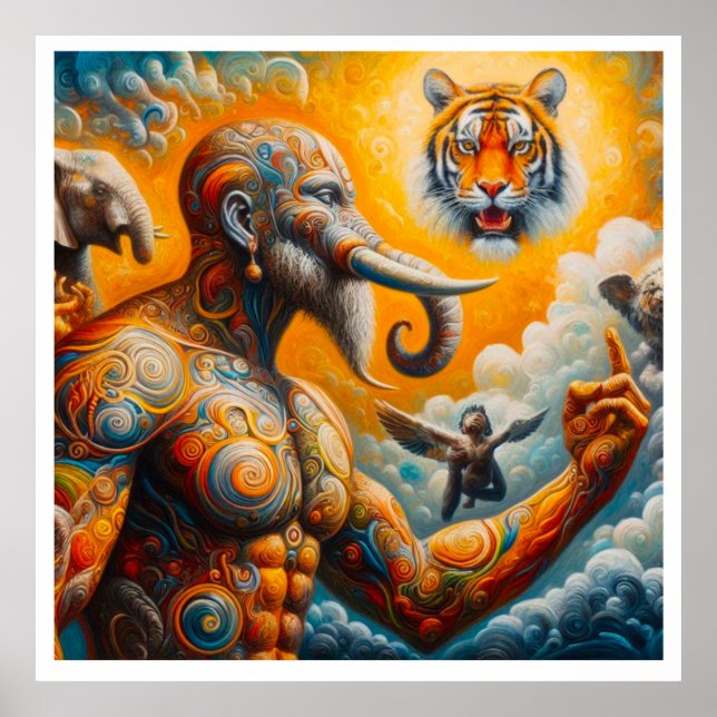 Poster tigre elefante espiritual colorido (Frente)