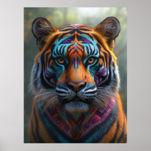 Poster Tigre Majestoso com Tinta Tribal Vibrante