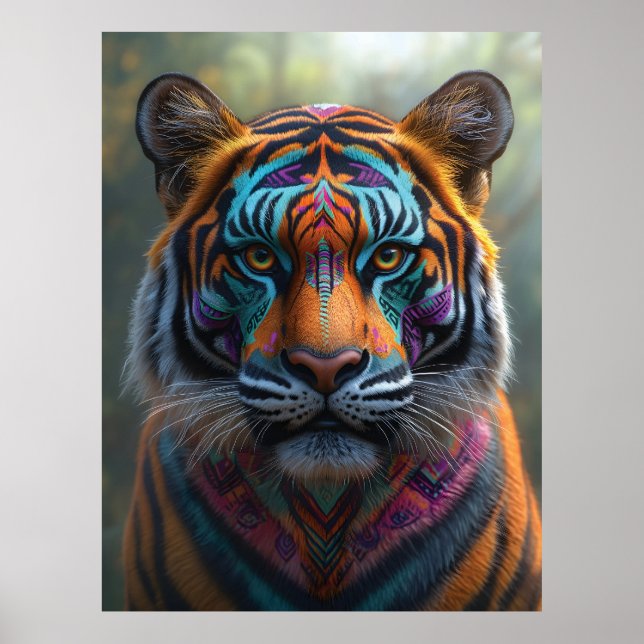Poster Tigre Majestoso com Tinta Tribal Vibrante (Frente)