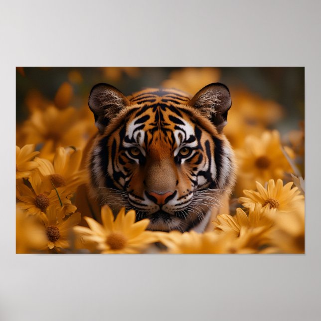 Poster Tigre Majestoso Em Meio A Blooms De Ouro Gerado po (Frente)