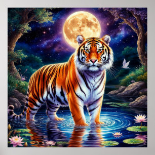 Poster Tigre Majestoso em uma Paisagem Fantástica ao Luar