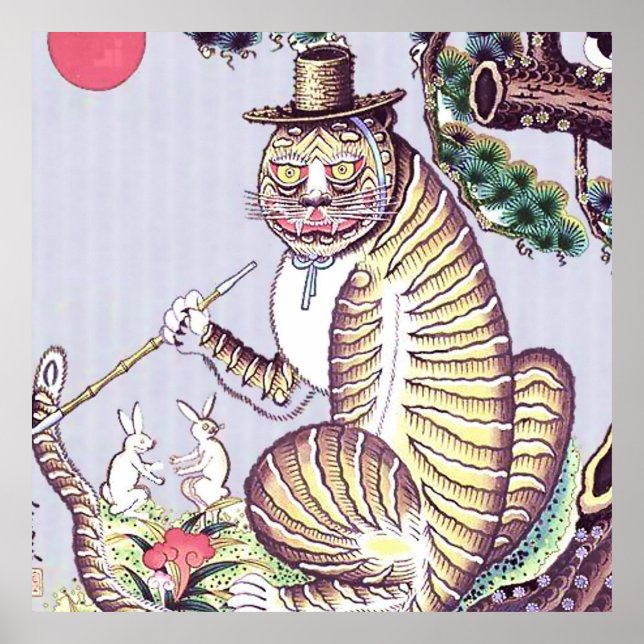 Poster Tigre Minhwa com Coelhos e Cachimbo (Frente)