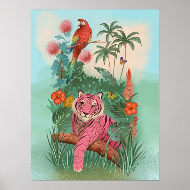 Poster Tigre rosa e selva tropical de papagaio (Frente)