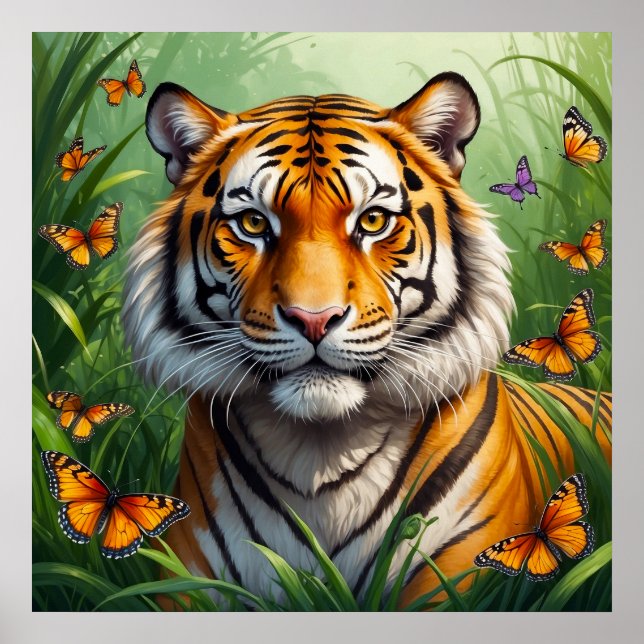 Poster Tigre sério com borboletas na selva (Frente)
