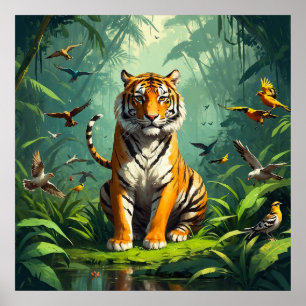 Poster Tigre Único Sentado na Selva com Aves