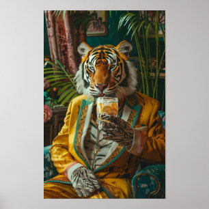 Poster Tigre Único Vestido Como um Café Bebendo