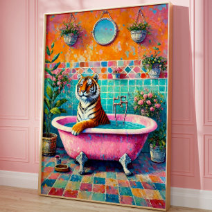Poster Tigre Whimsical em Banheira Rosa Boho Bathroom Art