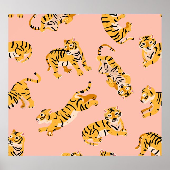 Poster Tigres de desenho animado, padrão de vinheta rosa. (Frente)