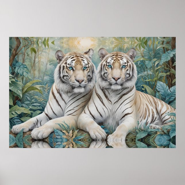 Poster Tigres de Ouro pálidos numa selva verde azul (Frente)
