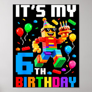 Poster tijolo de construção de aniversário de 6 anos meni
