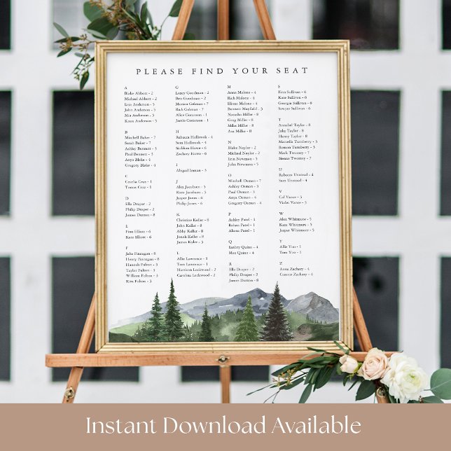 Poster Timberline | Alphabetical Wedding Seating Chart (Criador carregado)