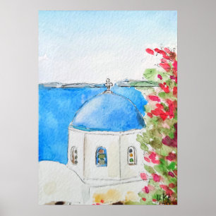 Poster Tinta azul da igreja grécia e aquarela