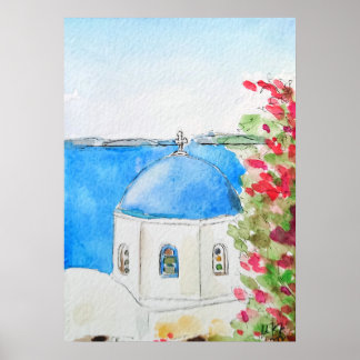 Poster Tinta azul da igreja grécia e aquarela