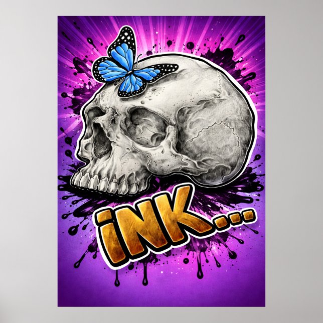 Poster TINTA… Caveira Desenhada à Mão com Borboleta (Frente)