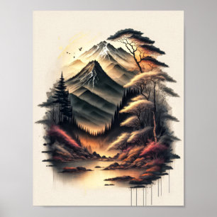 Poster Tinta da paisagem japonesa com vulcão