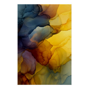 Póster Tinta de Álcool Fluxo Abstrato Âmbar Índigo