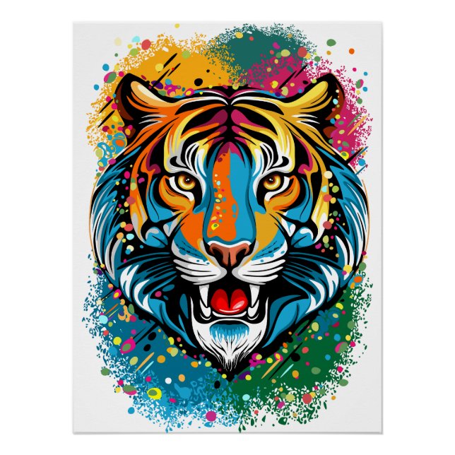 Póster Tinta de cores Arco-íris Cabeça de Tigre (Frente)
