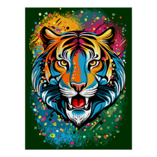 Póster Tinta de cores do Arco-íris Cabeça de Tigre