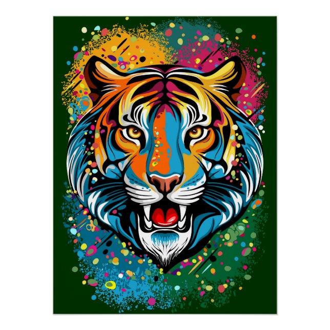 Póster Tinta de cores do Arco-íris Cabeça de Tigre (Frente)