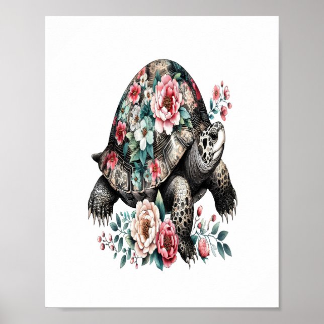 Poster Tinta e Lave Tartaruga com Shell Floral. (Frente)
