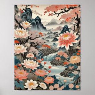 Poster Tinta em papel de arroz paisagem tradicional japon