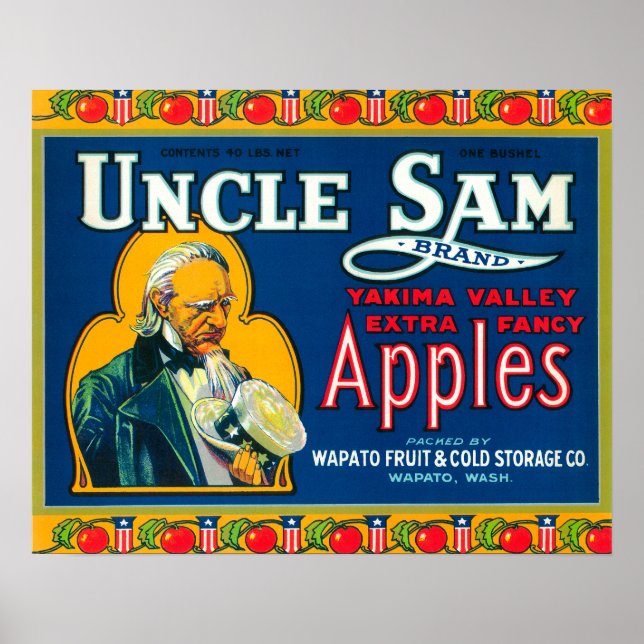 Poster Tio Sam Apple Label (azul) - Wapato, WA (Frente)
